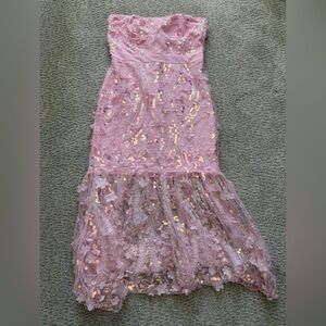 Hello Molly Pink Strapless Floral Sequins Midi Dress